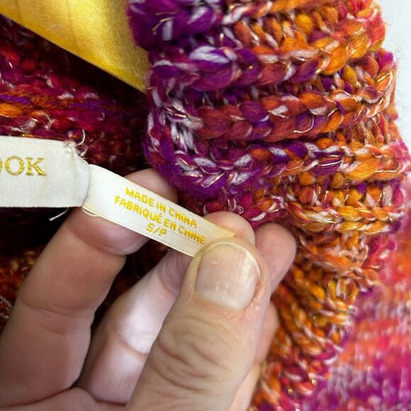 Ramy Brook NY Pink Orange Metallic Striped Chunky LS Turtleneck Sweater Size S - Picture 5 of 12